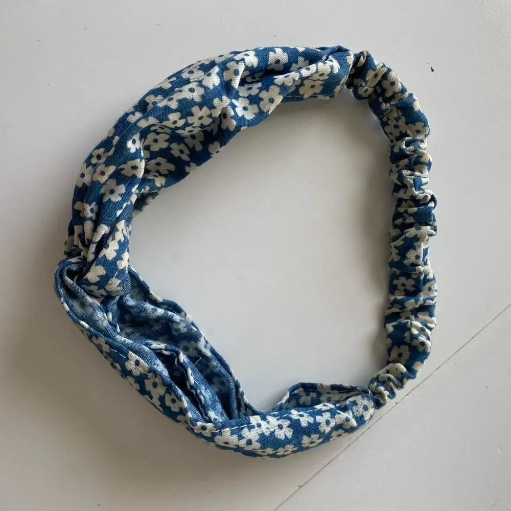 Blue and White Flower Knot Fabric Headband